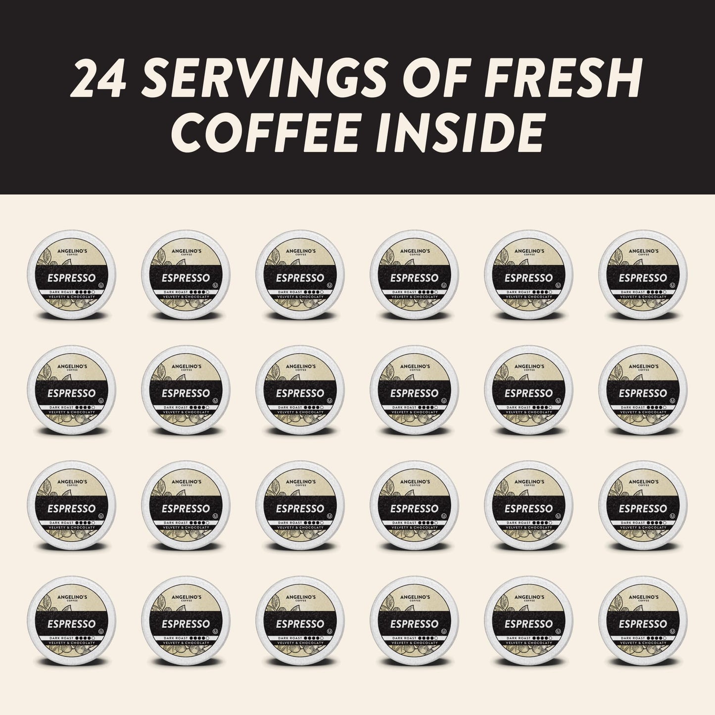 Angelinos Coffee Espresso Pods for Keurig - Dark Roast, 24 Count, Cafe Style