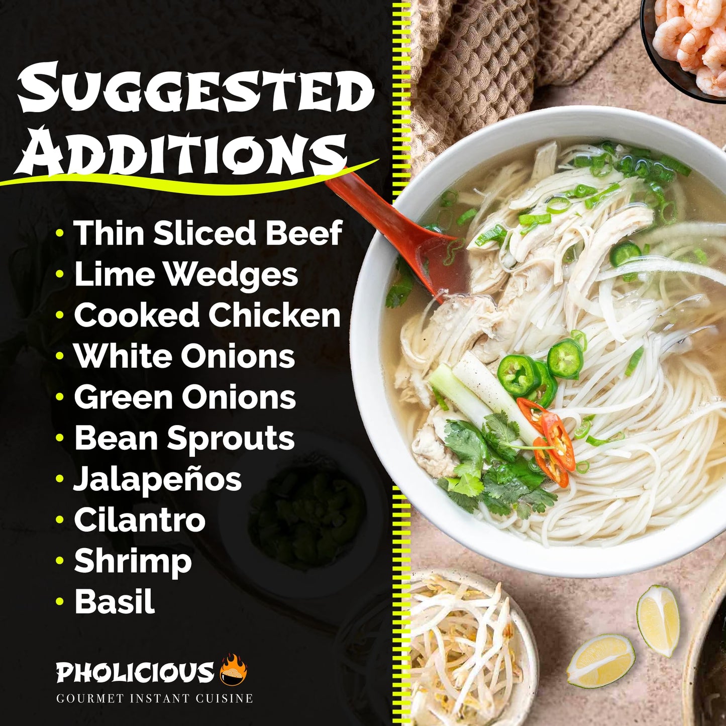 Pholicious Instant Chicken Pho, Authentic Vietnamese Rice Noodle Soup Kit With Spices & Broth Mix, Ramen Noodles Alternative, Qu
