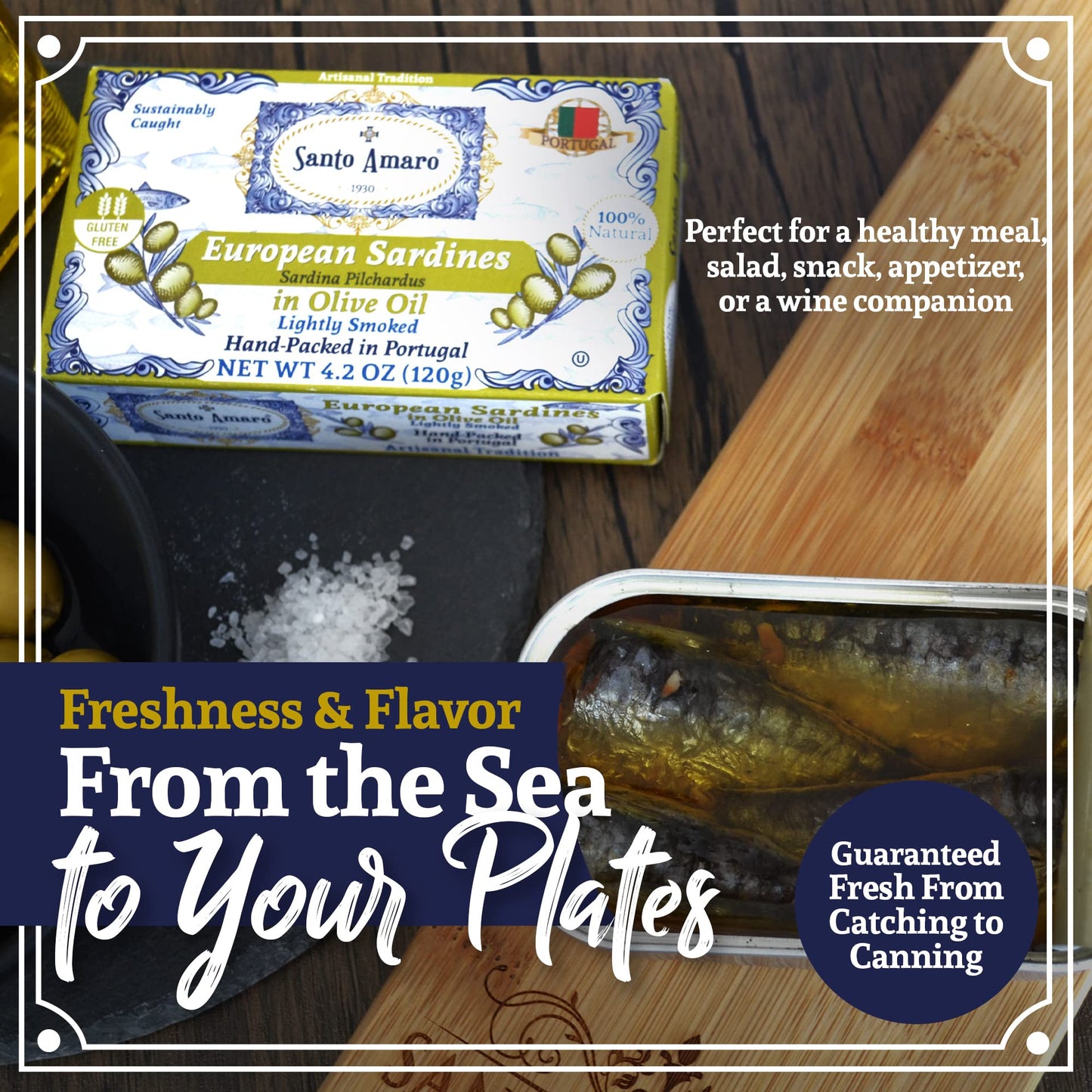 Santo Amaro Sardines in Olive Oil & Lemon, Hand-Packed, 4.2 oz (Pack of 6), Lightly Smoked, Wild Caught, Lisbon Variety