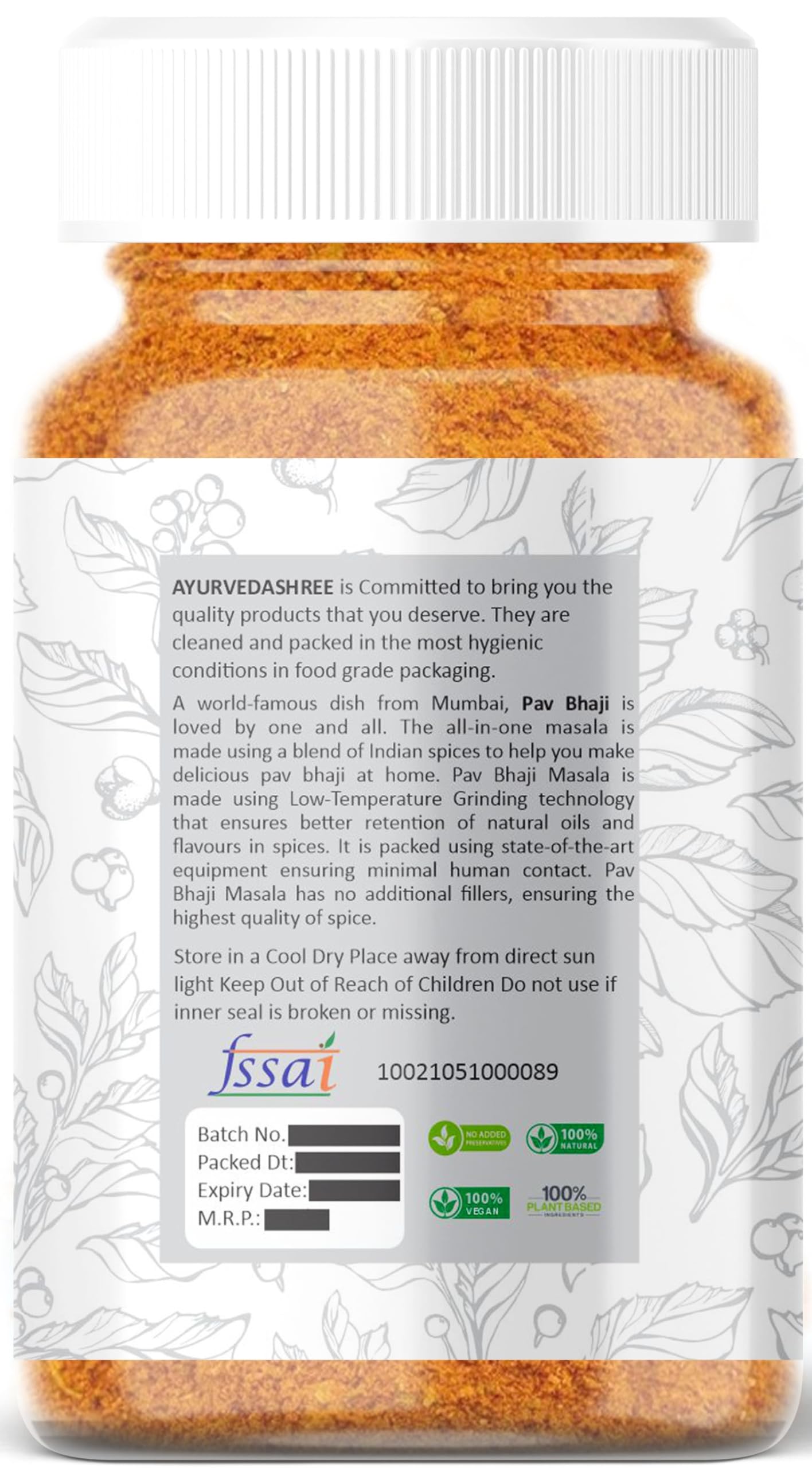 AYURVEDASHREE Pav Bhaji Masala - Premium Quality Indian Spices, All Natural, Non-GMO, 100g PET Jar