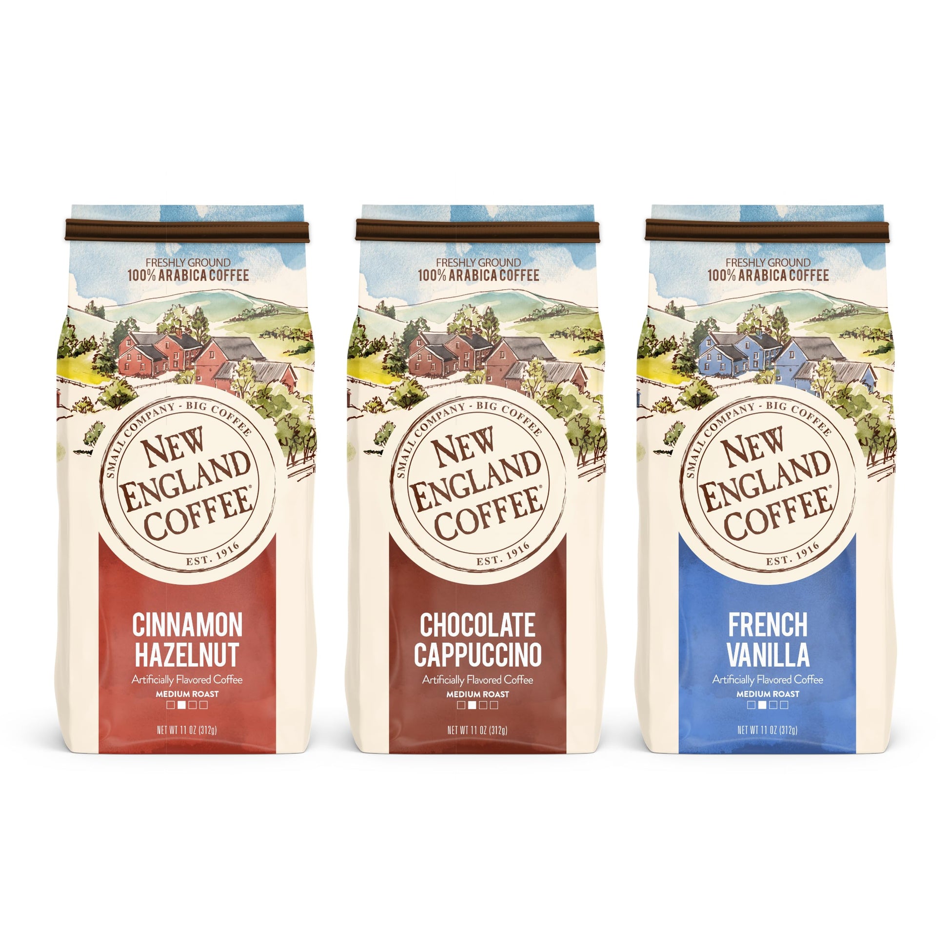 New England Coffee Variety Pack - Cinnamon Hazelnut/Chocolate Cappuccino/French Vanilla  11Oz Bag (Pack Of 3)