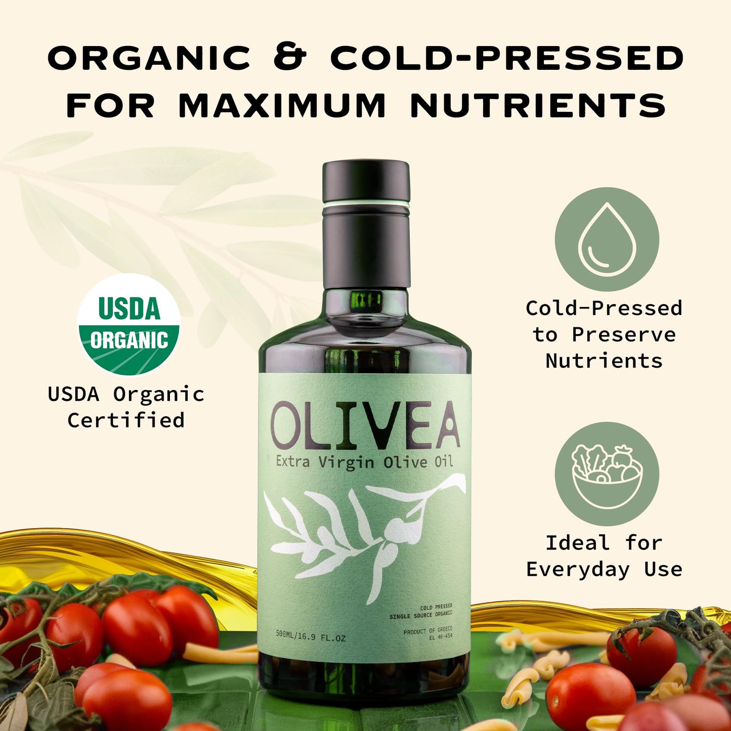 OLIVEA - Everyday Organic Extra Virgin Olive Oil - Cold-Pressed Greek EVOO | Early Harvest Koroneiki | Rich in Natural Polyphenols & Hydroxytyrosol | Single-Origin  Non-GMO  Healthy for Cooking | 500ml(16.9 oz) (Everyday Organic)