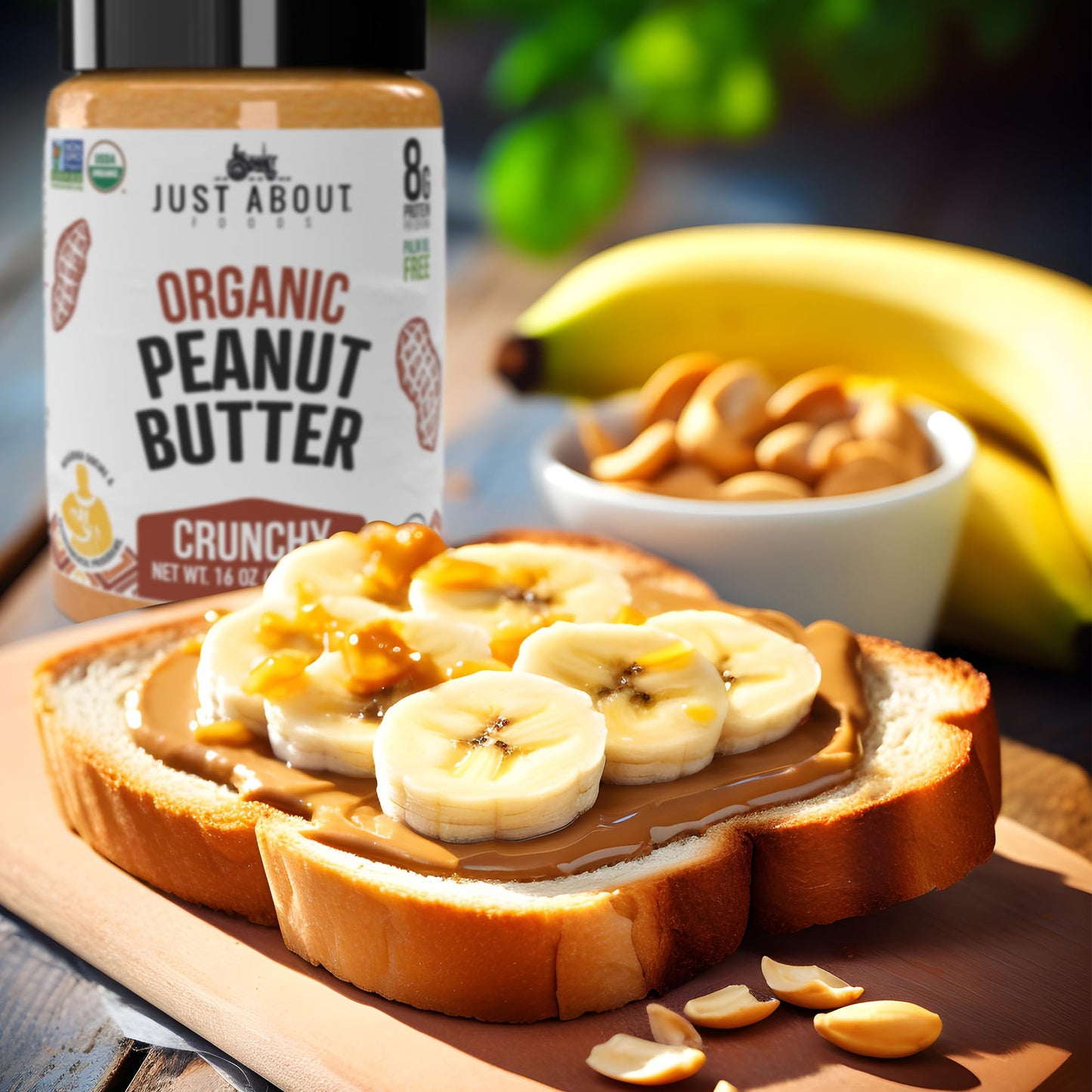 Just About Foods Organic Keto Peanut Butter, Crunchy, Gluten-Free, No Sugar Added, 16 oz, Palm Oil Free, Unsweetened Peanut Spread