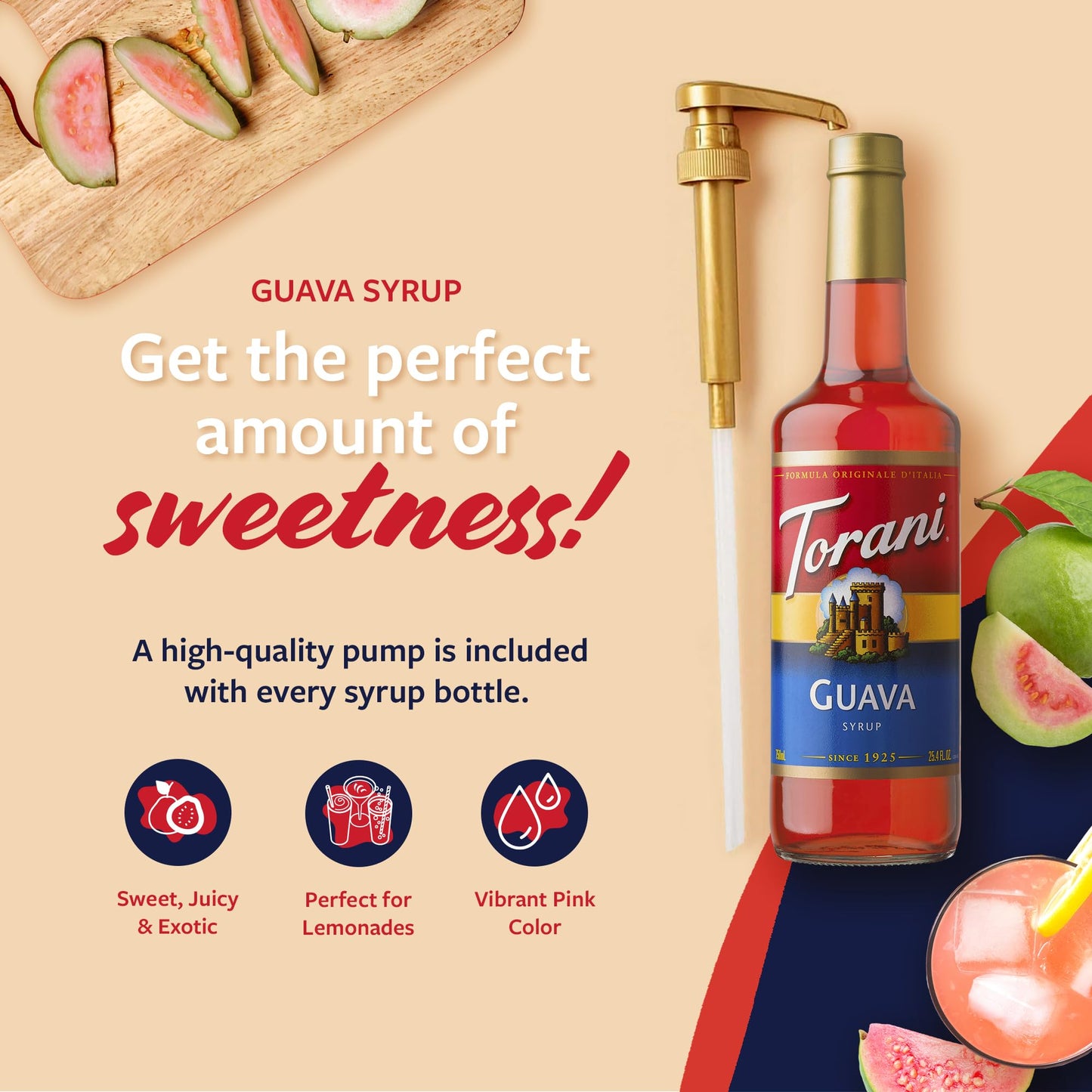 Torani Guava Syrup For Drinks, Flavoring For Iced Tea, Lemonade, Sodas, And Cocktails, Glass Bottle With Pump Included, 25.4 Fl