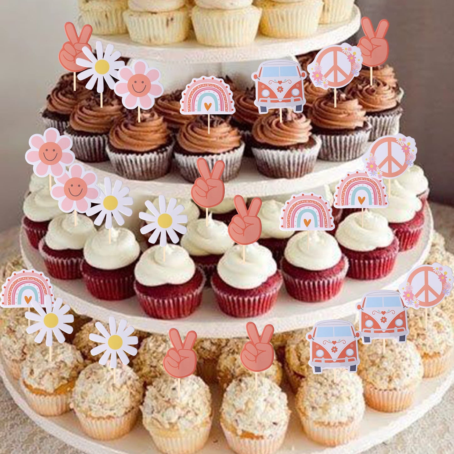 YCTHUNFISH 36 Pack Hippie Party Cupcake Toppers Rainbow Peace Sign Small Boho Birthday Decorations
