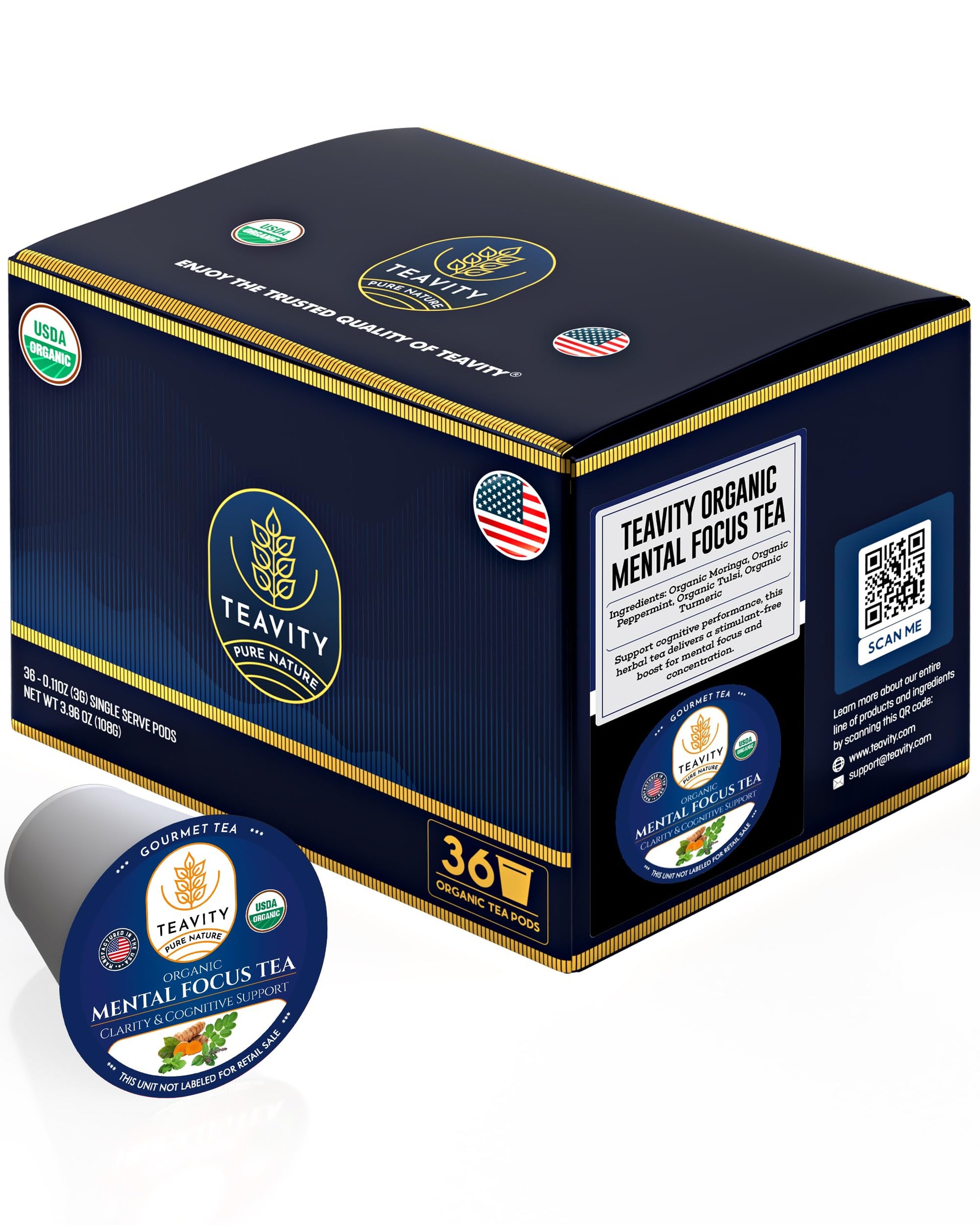 Organic Tea Pods with Moringa, Peppermint, Holy Basil & Turmeric - Naturally Decaf Tea - Mental Focus by Teavity (36 Tea Pods)