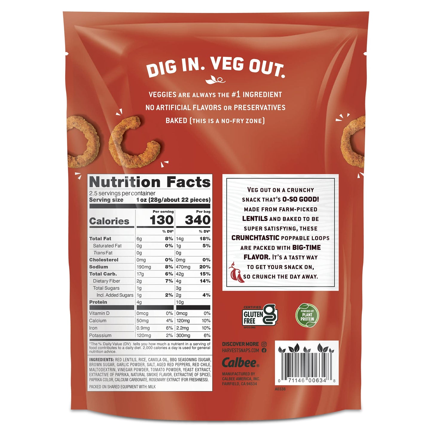 Harvest Snaps Veggie Chips (Kick N BBQ Crunchy Loops) | Powered by Plant Protein, Gluten Free, Non-GMO Baked Vegetable Crisps |