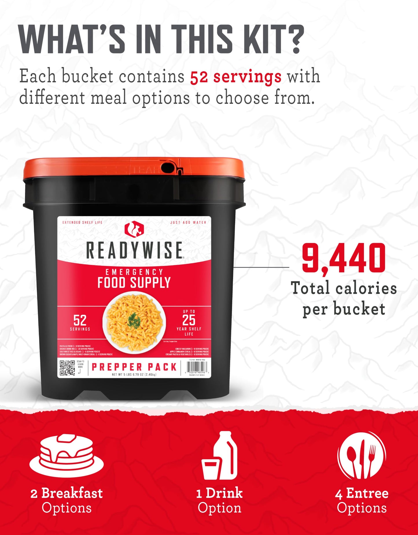 ReadyWise Prepper Pack Bucket - 52 Servings Emergency Food Supply, Survival Kit, Protein Meals, Dehydrated & Freeze Dried Food,