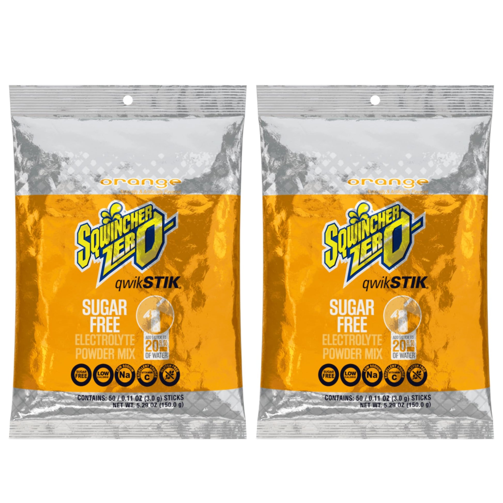 Sqwincher Zero Qwik Stik - Sugar Free Electrolyte Powdered Beverage Mix, 50 Count Bag, 2 Pack (100 Sticks Total) (Orange)