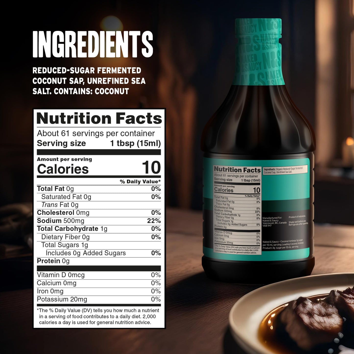 Naked & Saucy Coconut Aminos Soy Sauce Substitute, Gluten-Free, Vegan, 31 fl oz, Black