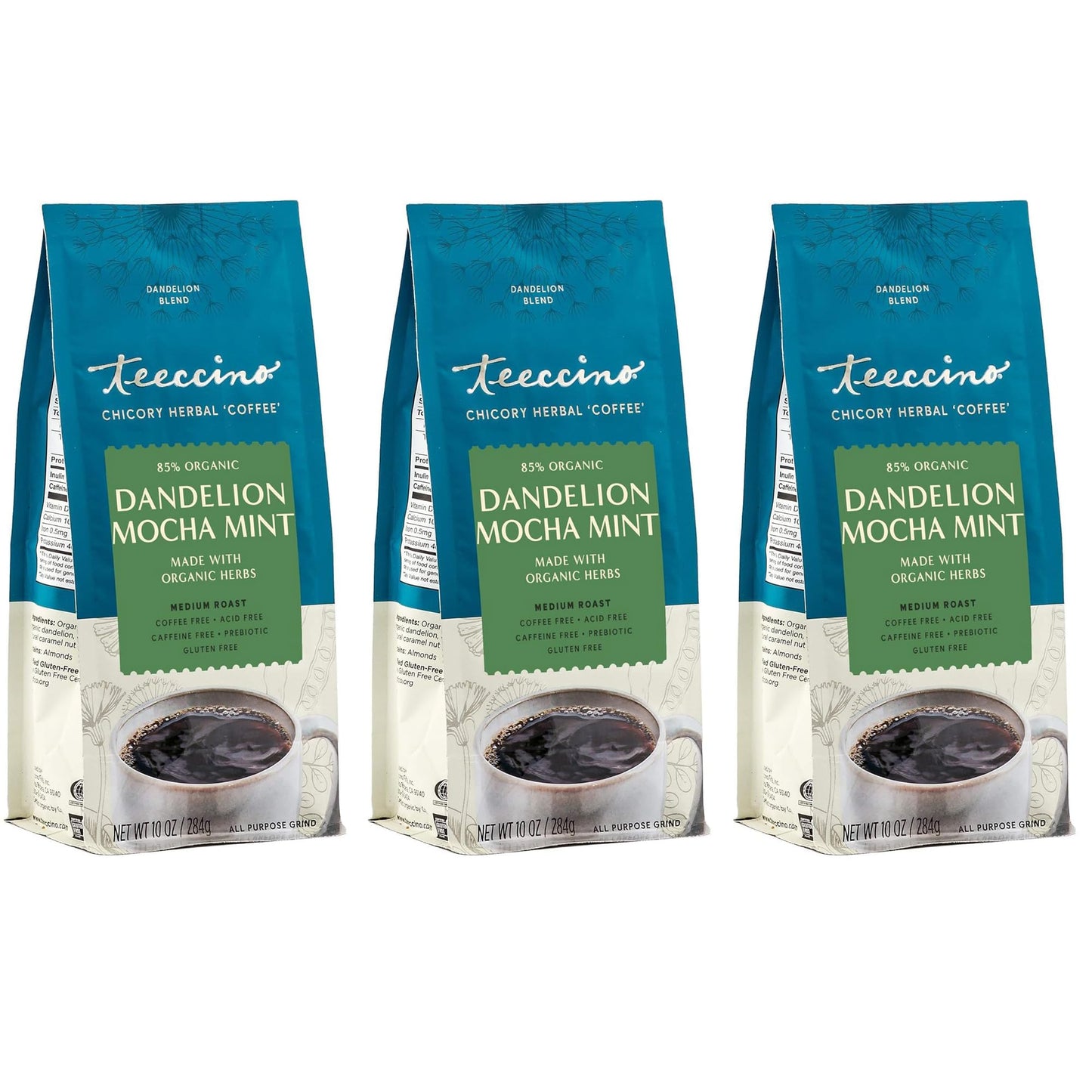Teeccino Dandelion Mocha Mint Herbal Coffee, Caffeine-Free, Medium Roast, 10 oz, Pack of 3