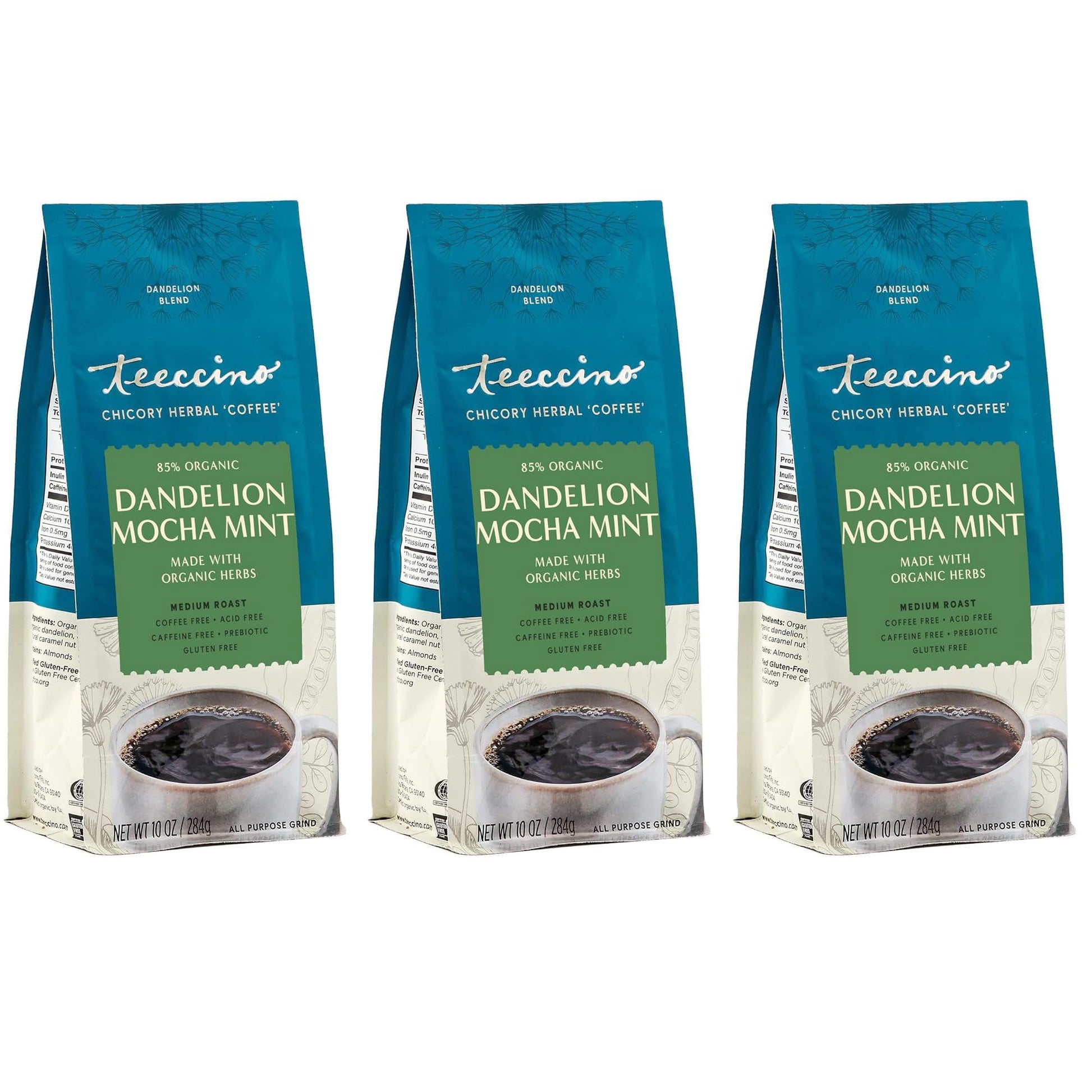 Teeccino Dandelion Mocha Mint Herbal Coffee, Caffeine-Free, Medium Roast, 10 oz, Pack of 3