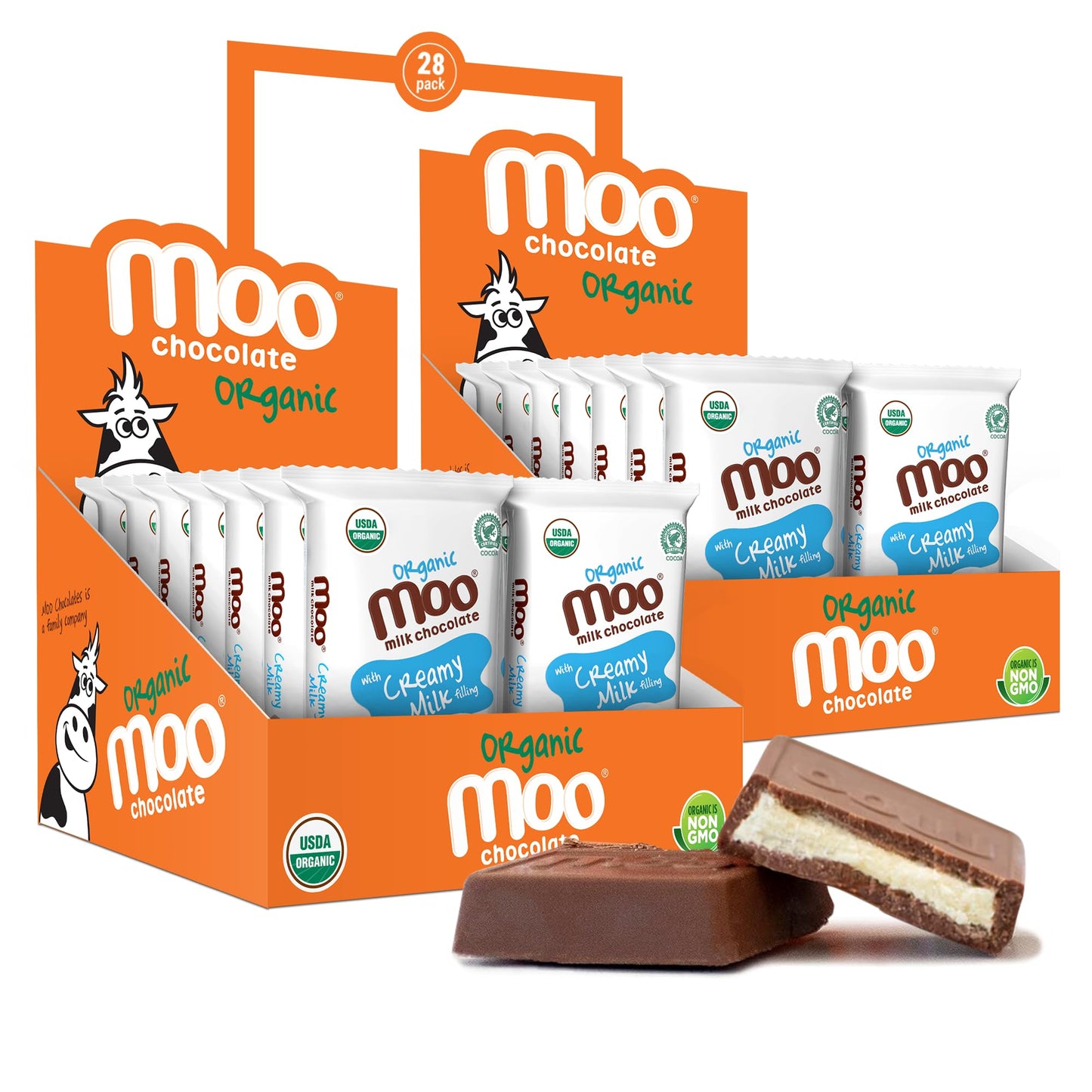 Moo Chocolates Organic Milk Chocolate Mini Bars with Creamy Milk Filling 0.7oz, 28 ct (Pack of 2) | USDA Organic, Non-GMO | 110 