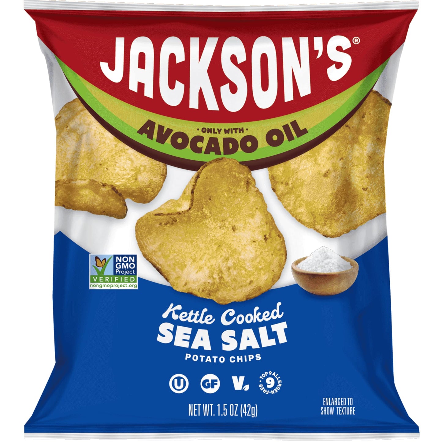 Jacksons Kettle Chips with Sea Salt, 1.5oz, Pack of 18 - Gluten Free, Vegan, Kosher, Made with Avocado Oil