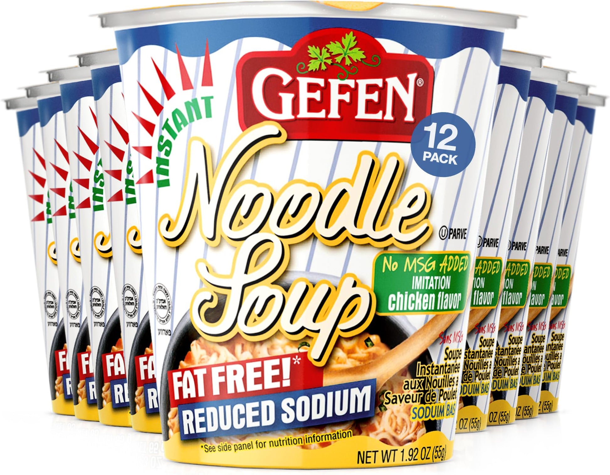 Gefen Instant Noodle Soup Cup, Fat Free and Low Sodium, 2.3oz (12 pack) No MSG, Chicken Soup Flavor, Meat Free, Dairy Free, Just