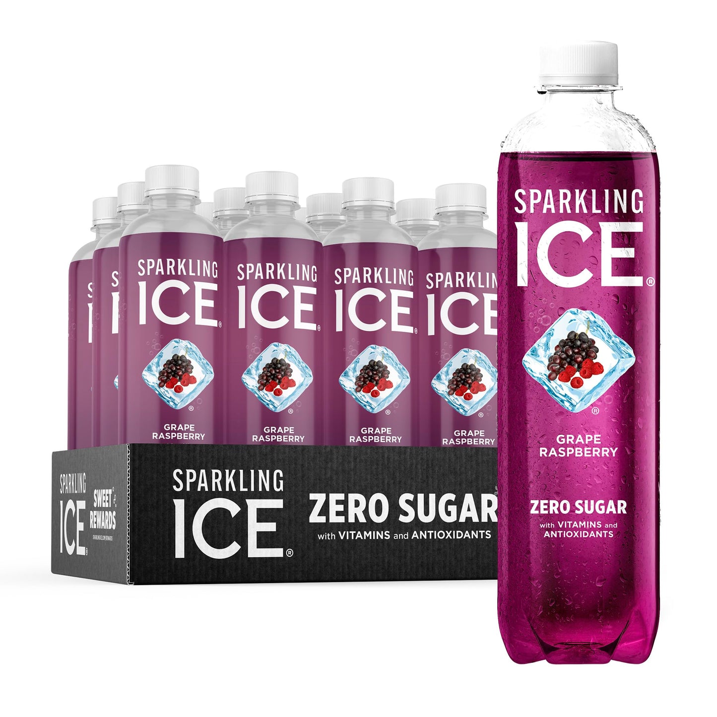 Sparkling Ice Grape Raspberry Sparkling Water, Zero Sugar, 17 Fl Oz Bottles, Pack of 12, Low Calorie Beverage with Vitamins and Antioxidants