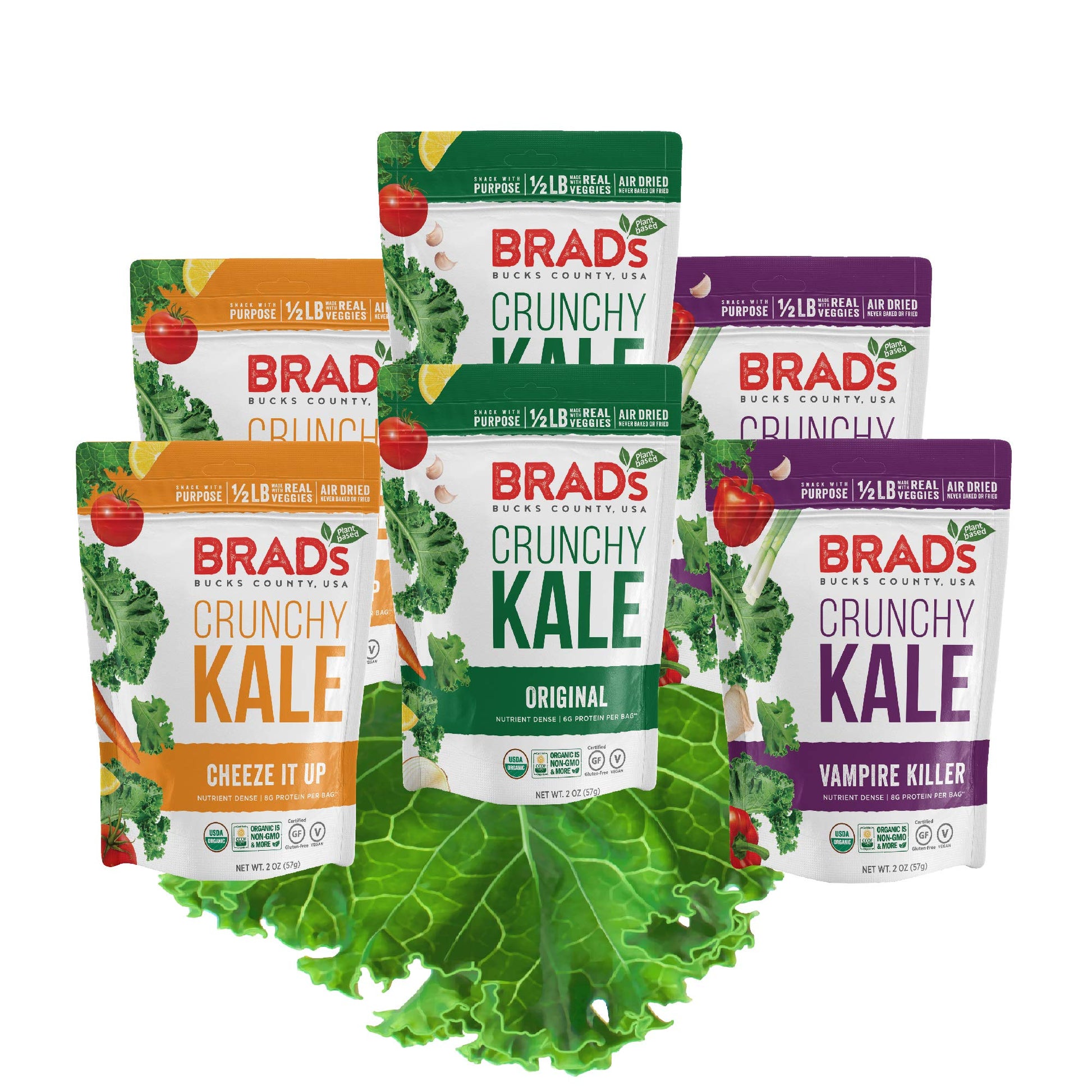 Brads Plant Based Organic Crunchy Kale, Variety Pack (2 Original, 2 Vampire Killer & 2 Cheeze-It-Up), 6 Bags, 12 Servings Total