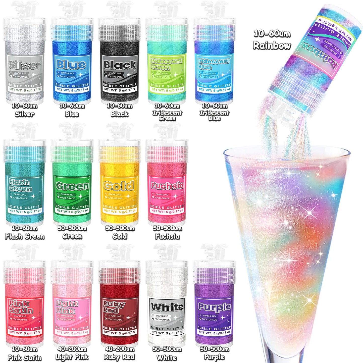 Edible Glitter - 15 Popular Colors Edible Glitter For Cocktails, Food Grade Luster Dust, Iridescent Shimmer Powder For Cake Deco