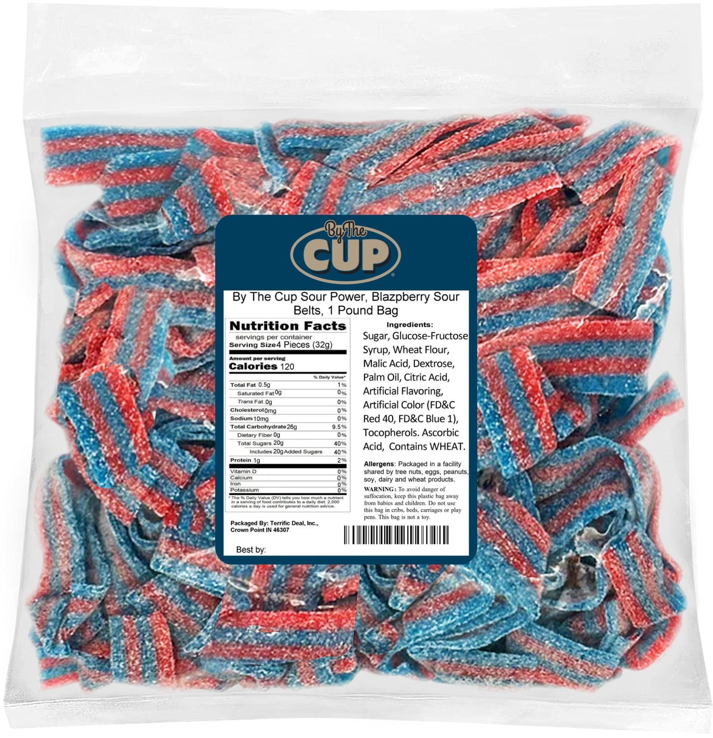 By The Cup Sour Power Blazpberry Sour Belts, 1 lb Bulk Bag, Chewy Candy Treat