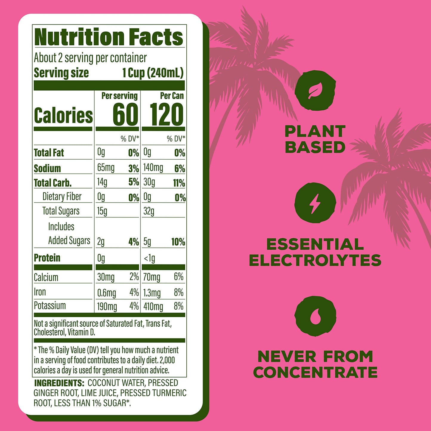 C2O Coconut Water with Ginger, Lime & Turmeric - 12 Pack, 17.5 FL OZ Cans - Plant-Based, Non-GMO Natural Hydration & Electrolytes