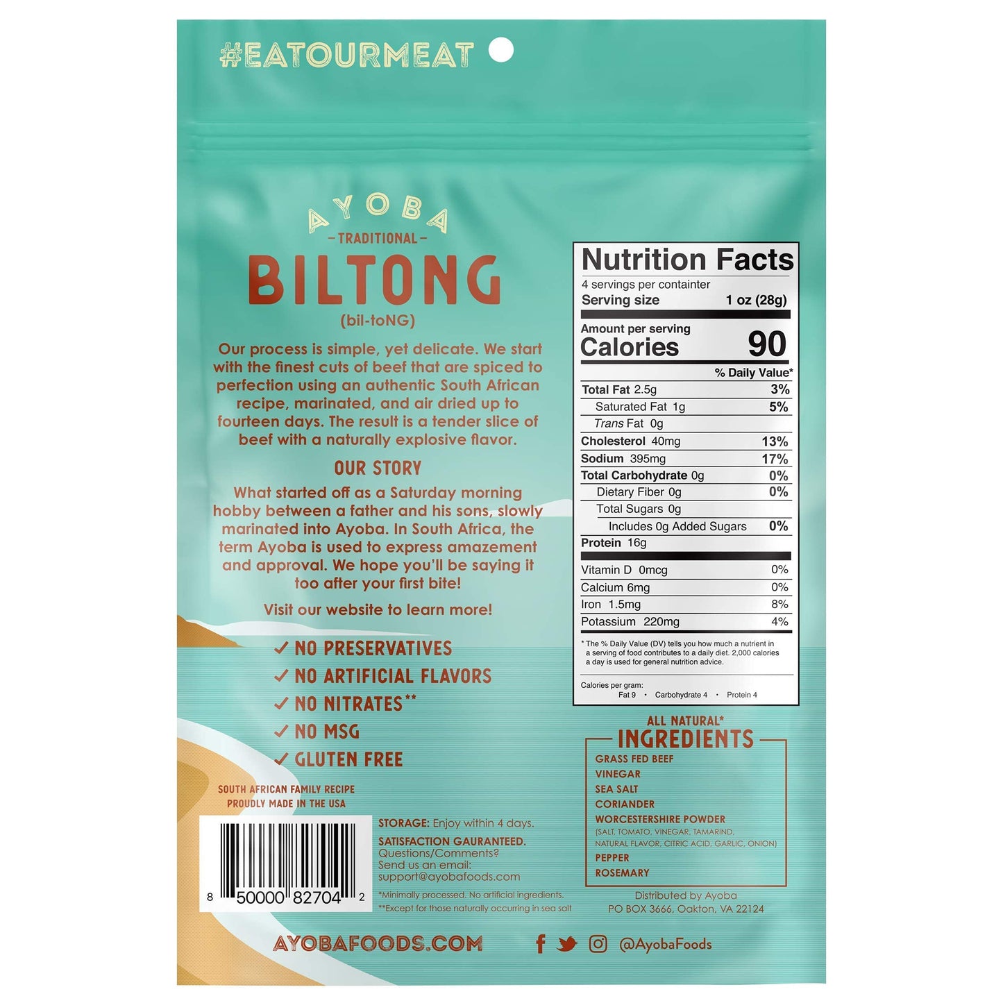 Ayoba-Yo Grass Fed Beef Biltong Slices, 4 Ounce - Keto Friendly, Gluten Free, Sugar Free, Paleo Snacks, No Carb Meat Snacks