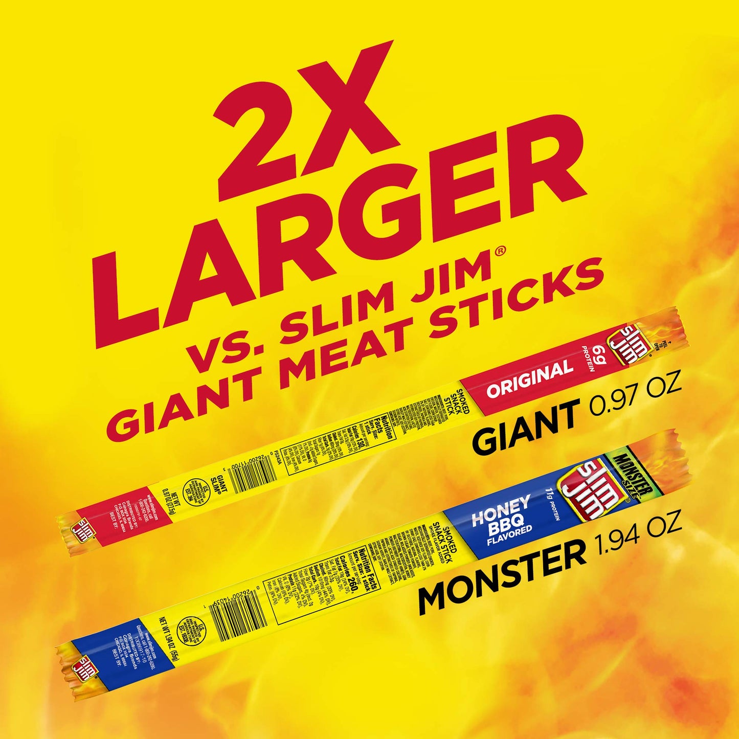 Slim Jim Smoked Meat Sticks, Honey BBQ Flavor, 11g Protein, 1.94 oz (Pack of 18)