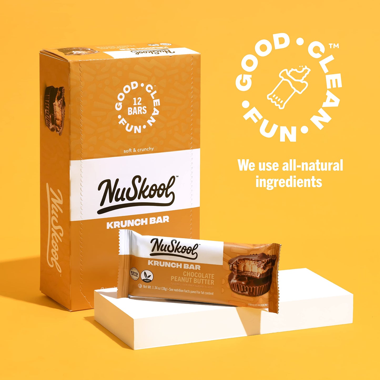 NuSkool Snacks Chocolate Peanut Butter Keto Friendly Protein Krunch Bars (12 Pack) - 7g Fiber, 10g Clean Plant-Based Protein, 3g