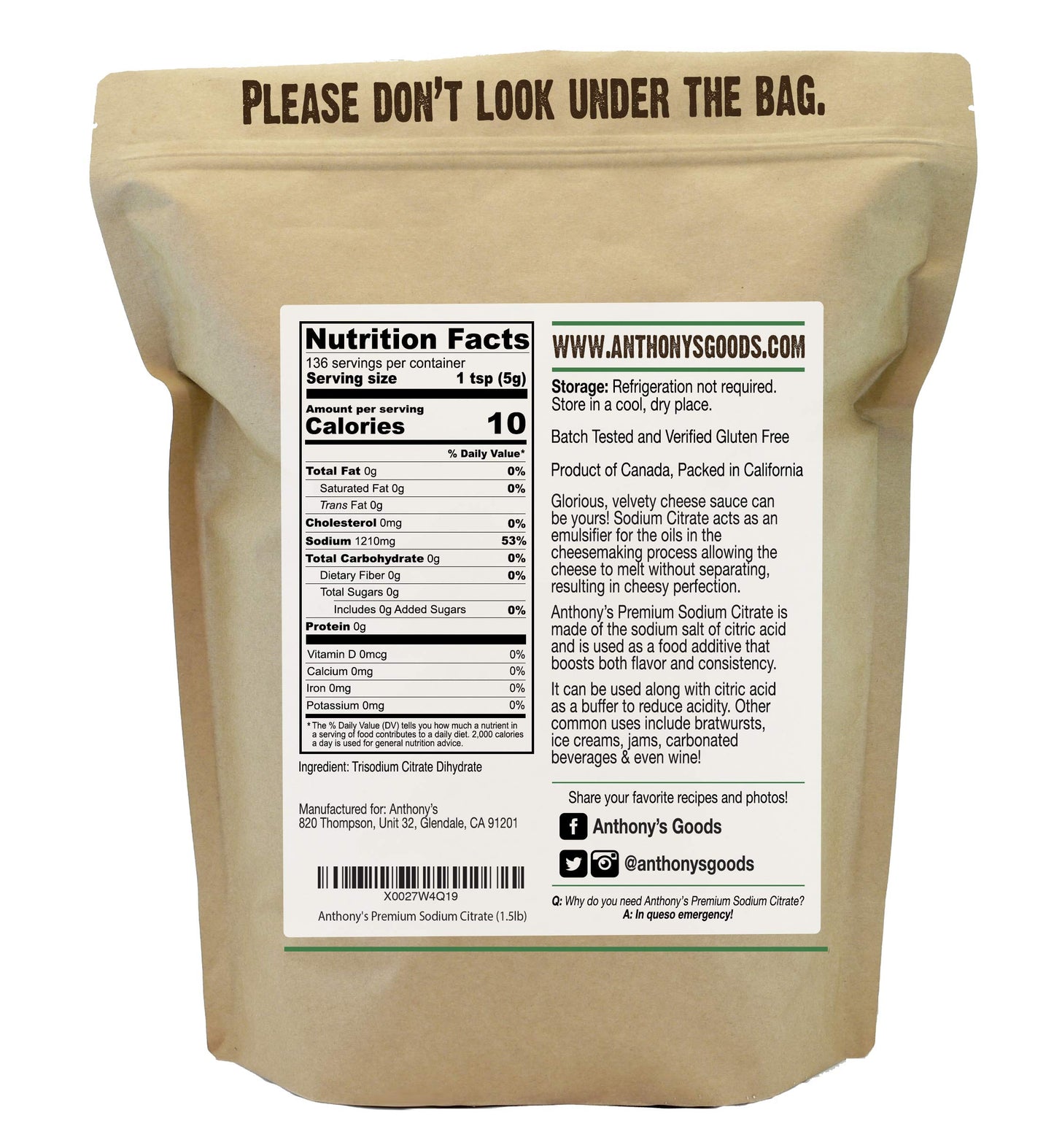 Anthonys Premium Sodium Citrate Emulsifier, Food Grade, 1.5 lb (24 Ounce), Non GMO, Model P7-Z0FF-Z148