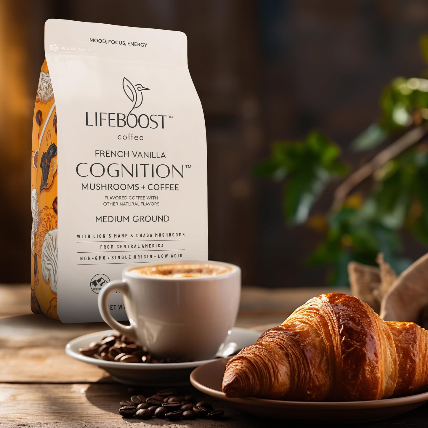 Lifeboost French Vanilla Cognition Mushroom Coffee - Low Acid Medium Organic Coffee With Nootropic Lions Mane & Chaga Mushrooms