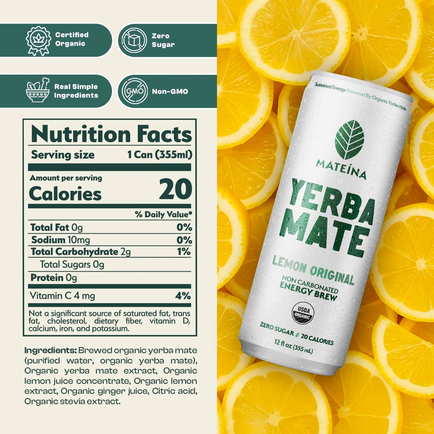 Mateina Yerba Mate Zero Sugar Energy Drink - 120mg Natural Caffeine - Organic  Non-GMO  Non-Carbonated - Dr. Andrew Huberman Recommended - 12 Pack (12oz Cans) (12 Pack  Lemon Original)