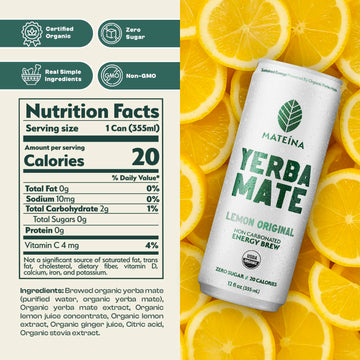 Mateina Yerba Mate Zero Sugar Energy Drink - 120mg Natural Caffeine - Organic  Non-GMO  Non-Carbonated - Dr. Andrew Huberman Recommended - 12 Pack (12oz Cans) (12 Pack  Lemon Original)