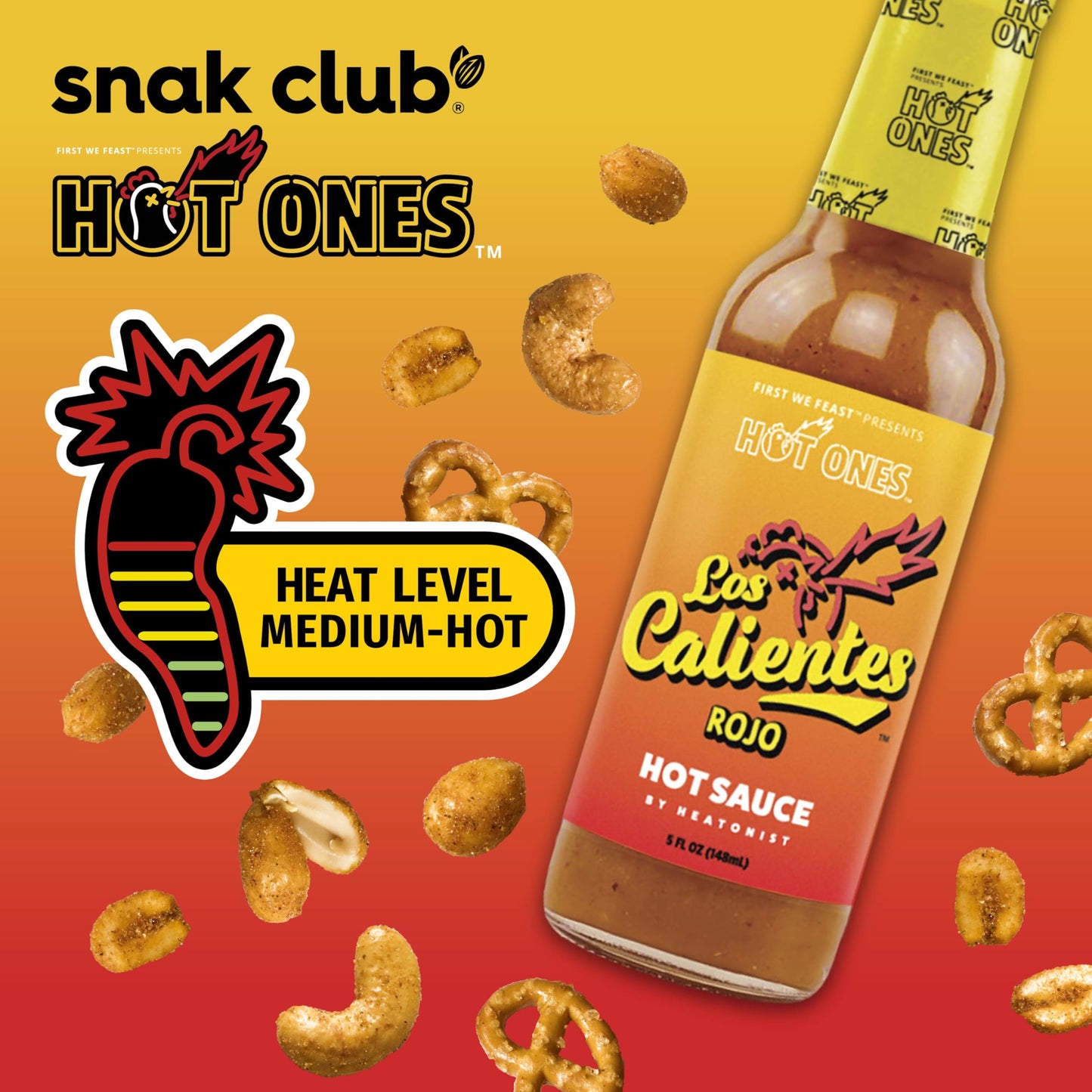 Snak Club x Hot Ones Hot Habanero Snack Mix, Spicy Snacks with Peanuts, Pretzels, Sesame Sticks, Toasted Corn & Cashews, Inspire