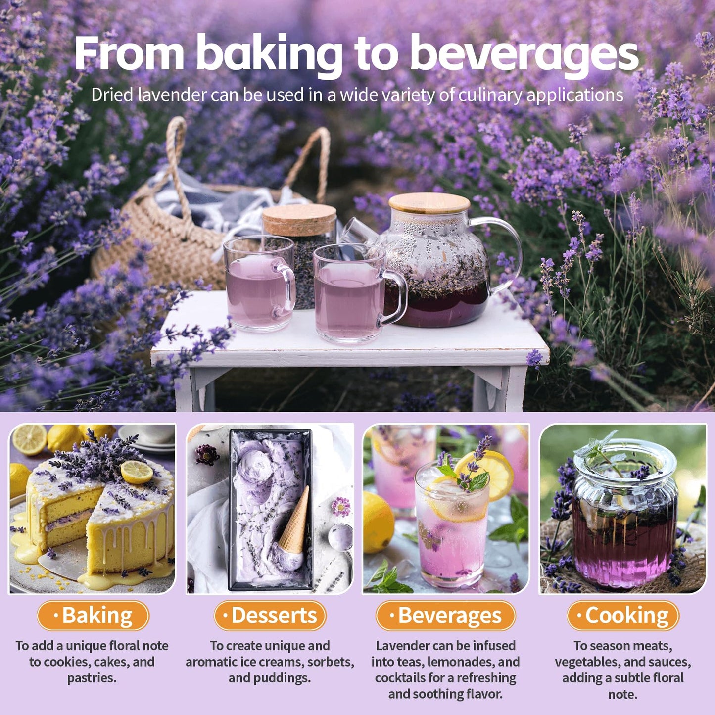 Fangkic Dried Culinary Lavender Flowers, Food Grade Buds, 4 oz, Gluten Free, Ideal for Tea, Baking, Potpourri, and Home Fragrance