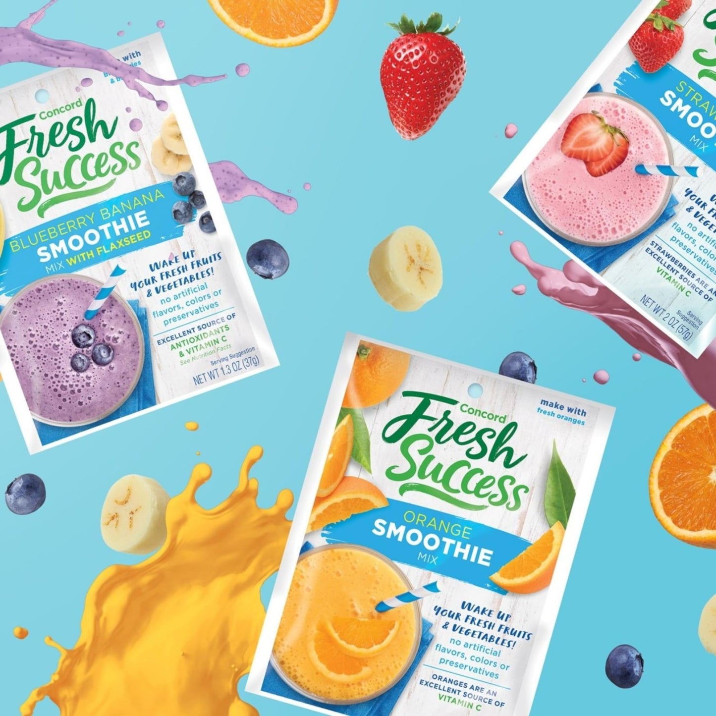 Concord Foods, 3 Breakfast Fruit Smoothie Mix Flavors: 6 Chocolate Banana 2 Oz Pouches, 6 Banana 2 Oz Pouches, 6 Strawberry 2 Oz