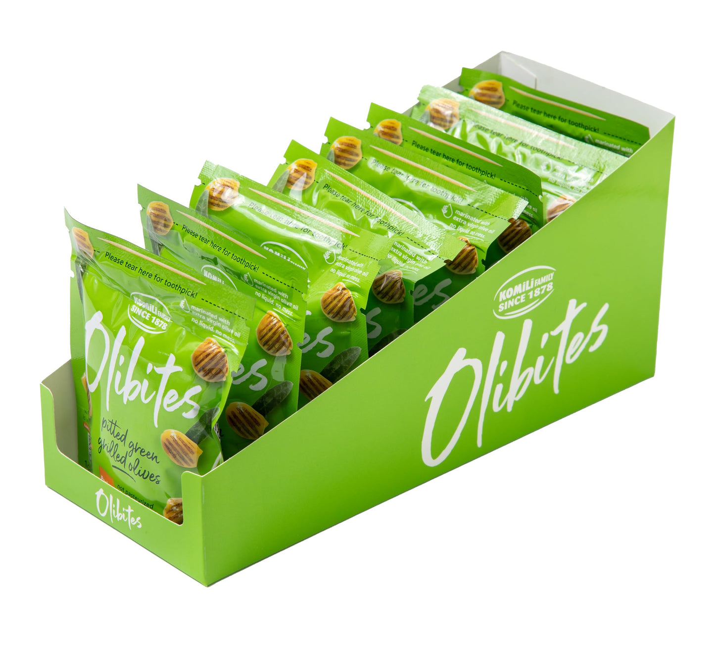 Olibites Pitted Green Grilled Olives, Antioxidant-Rich, Vegan, Gluten Free, 1 oz, Pack of 10