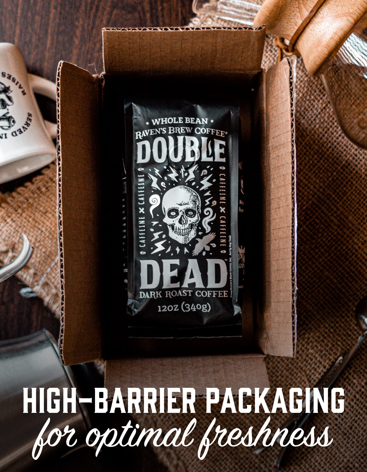 Raven’s Brew Coffee Double Dead Dark Roast Ground Coffee, High Caffeine, 12 oz