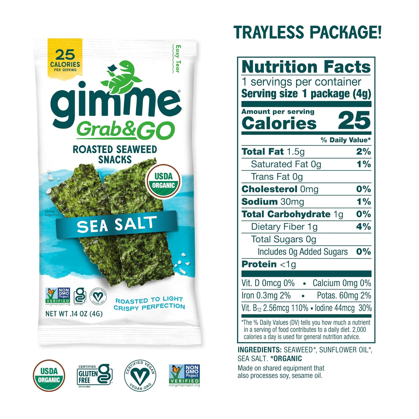 gimMe Organic Roasted Sea  Snacks, Sea Salt, 5 Count, Keto, Vegan, Gluten-Free, Great Source of Omega3s and Iodine
