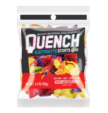 Quench Gum Variety Bag, Electrolytes Chewing Gum For Athletes And Sports Trainers, New Assorted Fruity Flavors, 12 Packs With 15