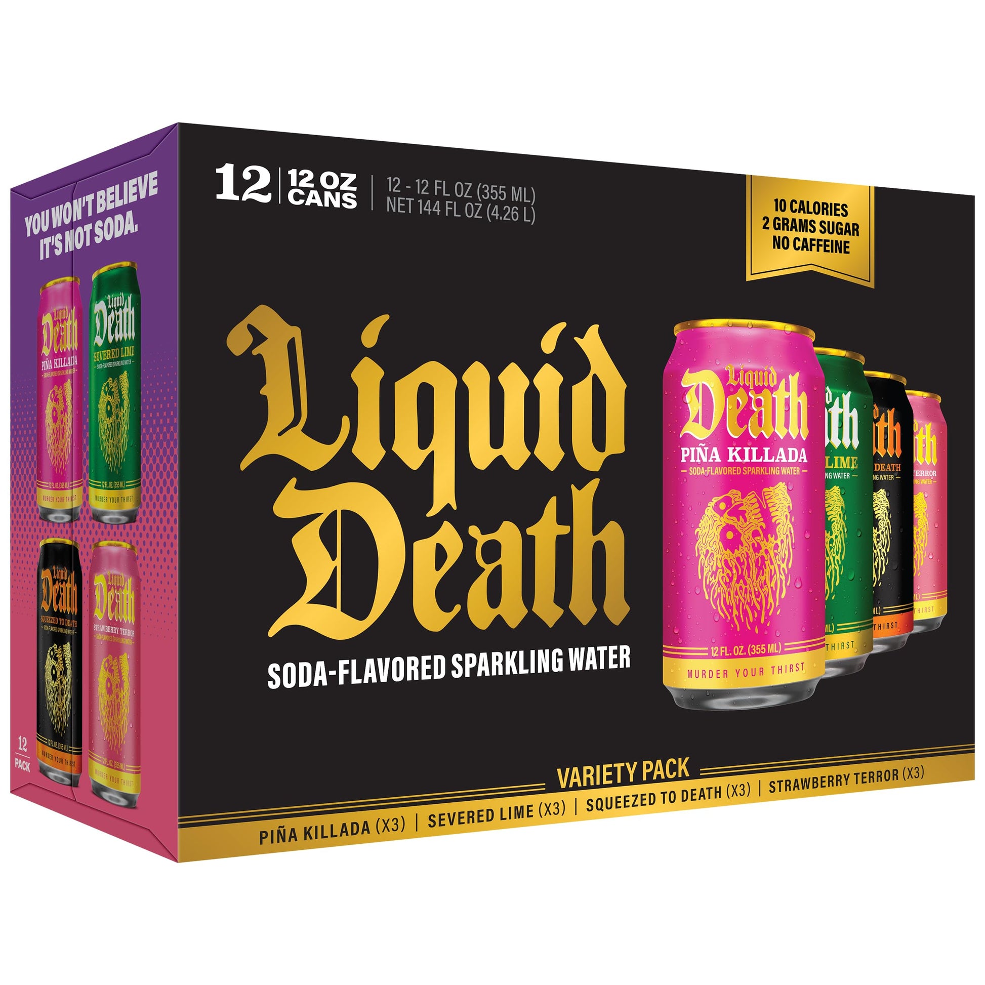 Liquid Death Soda-Flavored Sparkling Water - Modern Variety  Less Sugar*  Huge Flavor  No Energy Blend  No Artificial Sweeteners  4 Flavors: Lime  Orange  Strawberry  Pia Removeada 12 Fl Oz (Pack Of 12)