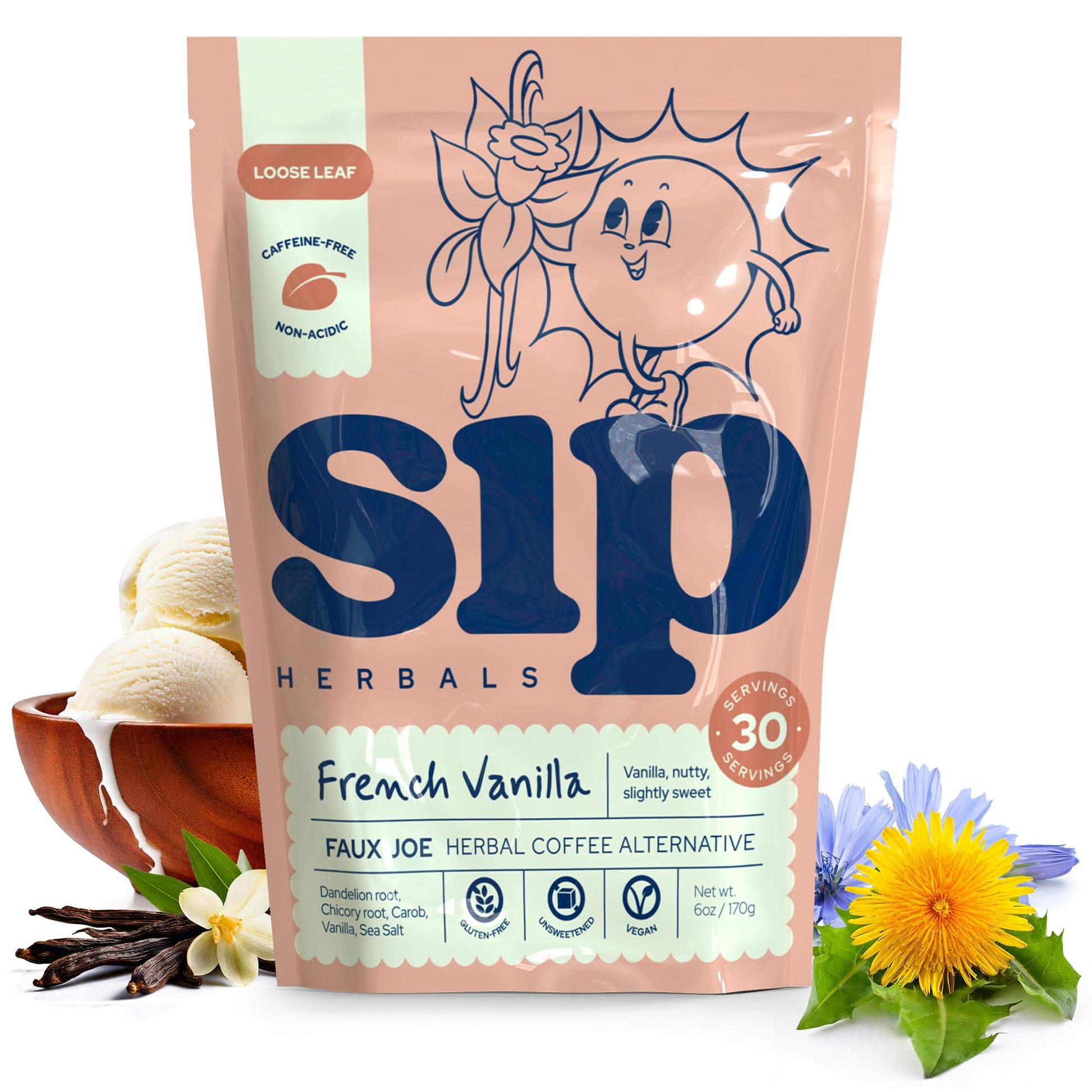 Sip Herbals Organic Coffee Alternative, French Vanilla, Caffeine Free, Chicory & Dandelion, 30 Servings
