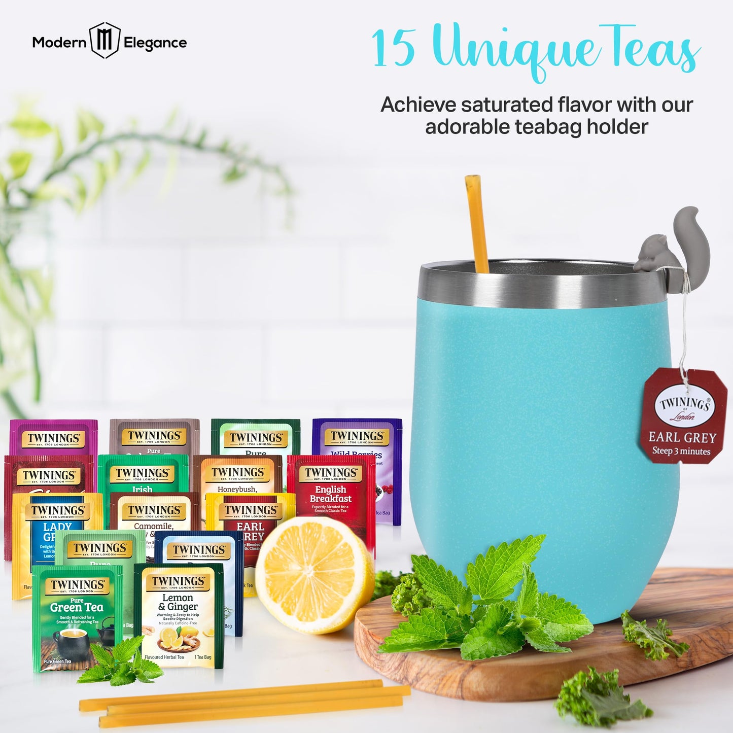 Birthday Gift Set With Stainless Tumbler, 15 Assorted Teas, 10 Honey Straws, Tea Tongs, Scented Candle And Greeting Card In Ready-To-Gift Box (Teal - Birthday Card)