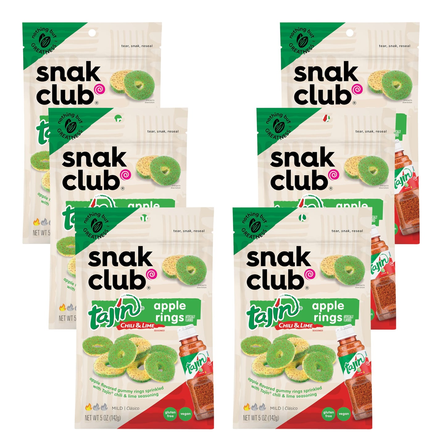 Snak Club Gummy Candy Apple Rings with Chili & Lime, Gluten-Free & Vegan, 5 oz Resealable Bags, 6 Pack, Green and Pink