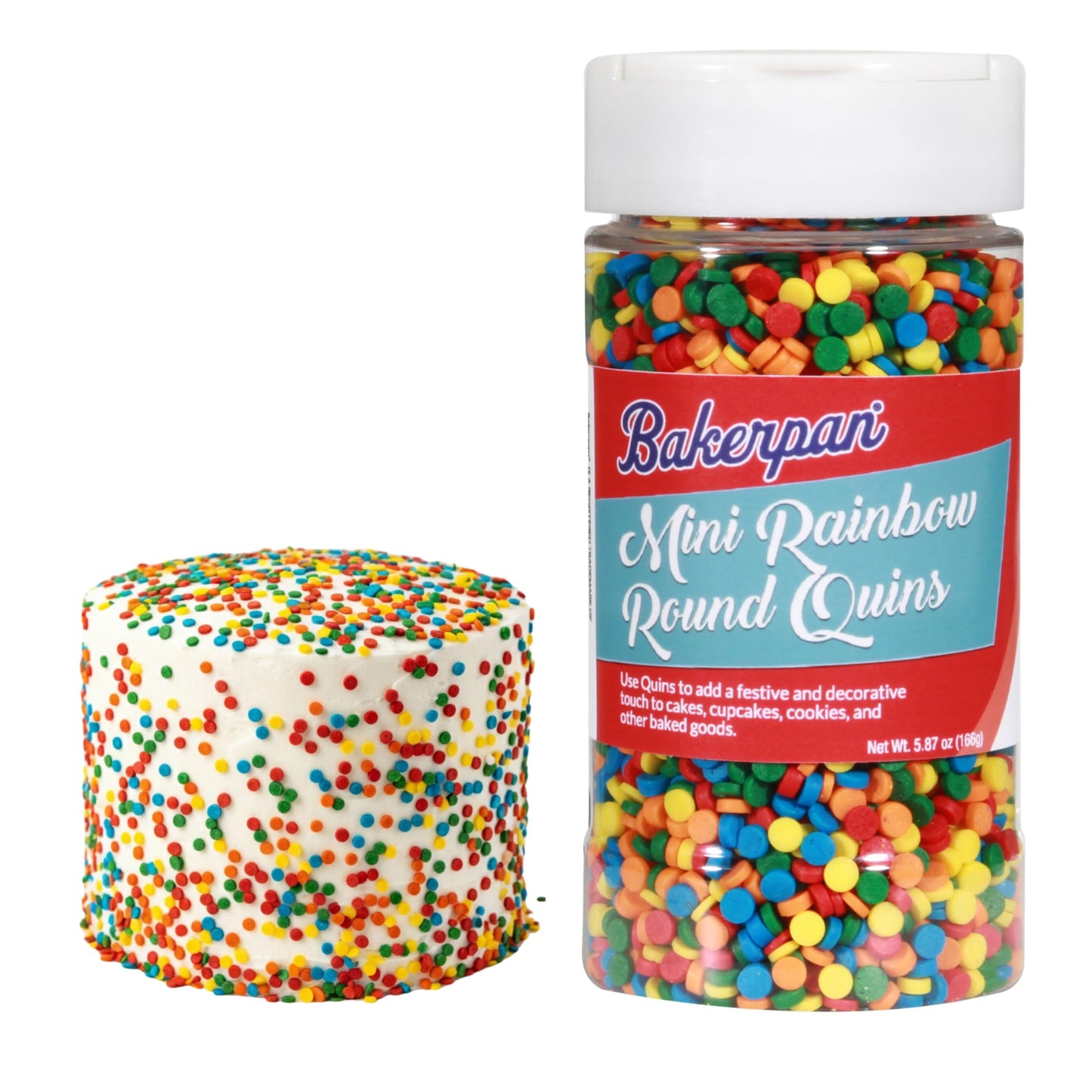 Bakerpan Quins Rainbow Sprinkles for Cake Decorating - 5.87 Ounces - Crunchy Rainbow Edible Confetti Sprinkles for Cupcakes, Ice