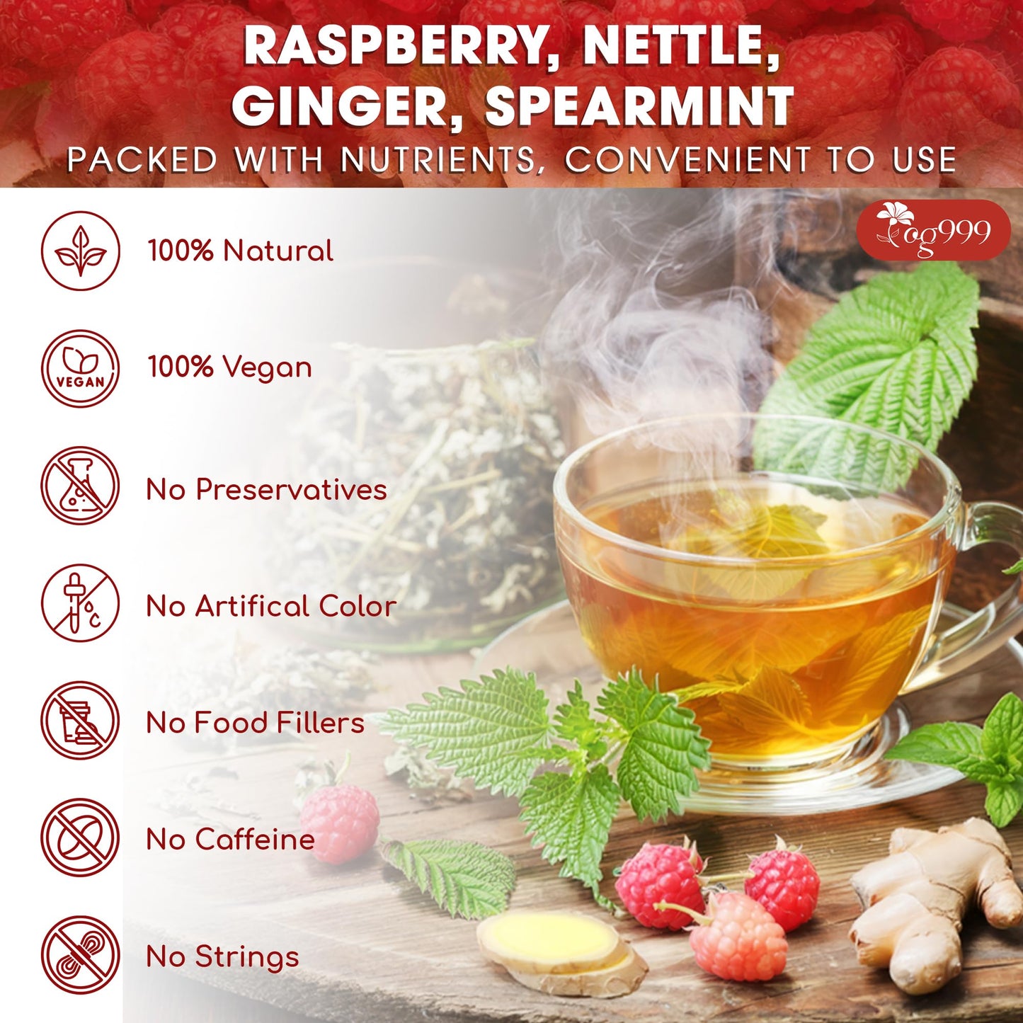 TOG999 Herbal Tea for   Balance, 100% Natural Red Raspberry Leaves, Spearmint Flavor, 60 Tea Bags