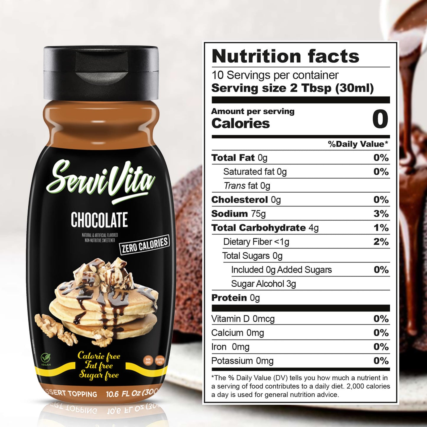 Sugar Free Chocolate Syrup Zero Calories And Fat Free, 10.6 Fl Oz - No Sugar Chocolate Syrup Dessert Topping Gluten-Free, Non-Gm