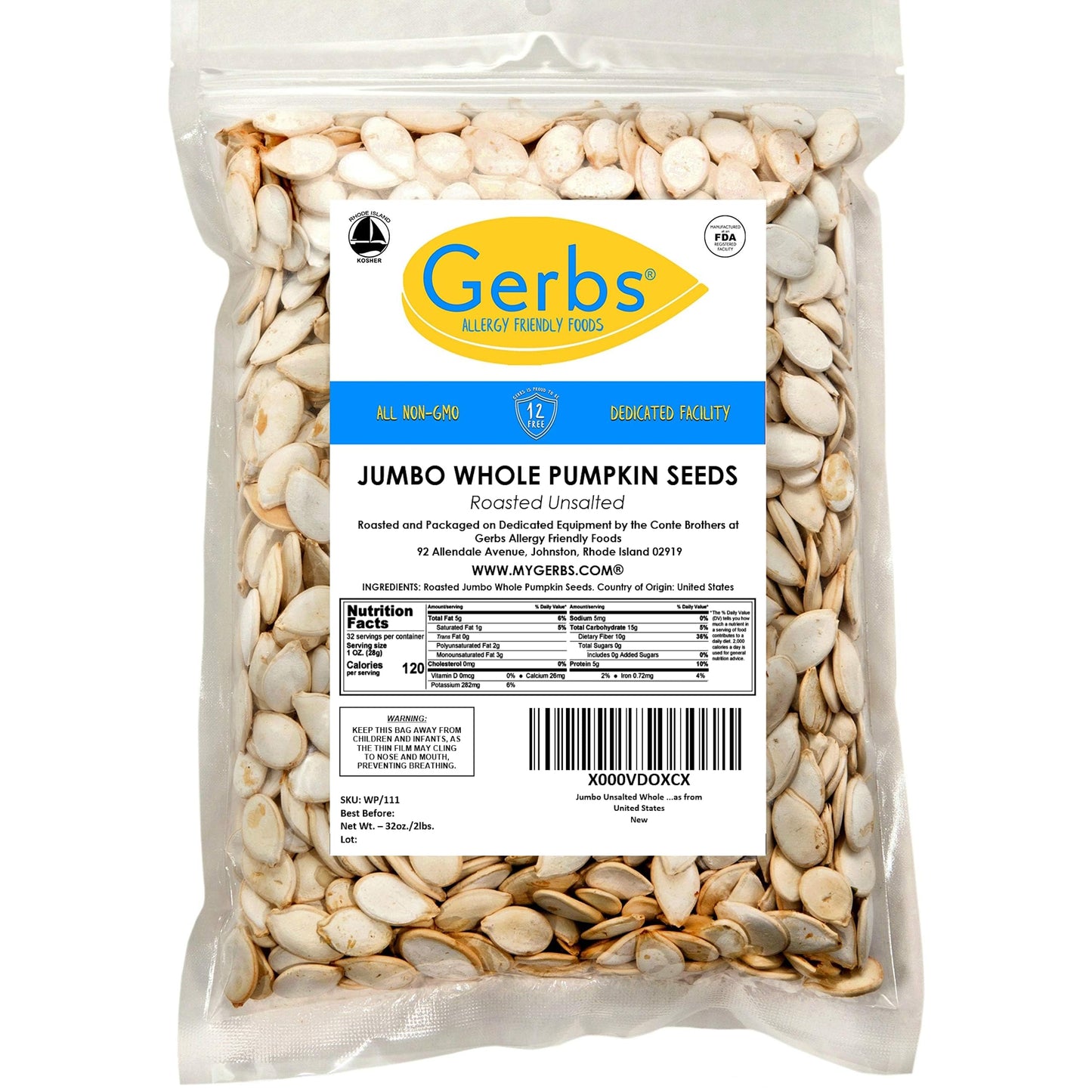 GERBS Roasted Unsalted Jumbo Pumpkin Seeds - In-Shell, 2 lbs, 13-14 mm Size, Resealable Bag, Allergen-Free