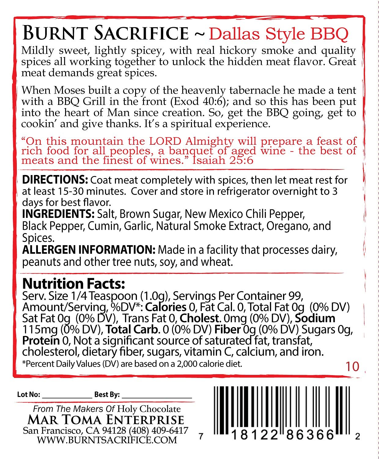 Burnt Sacrifice Dallas Style Gourmet Spicy Bbq Spice Dry Rub Seasonings (10 Ounce Bag Makes Over 24 Lbs) Brisket Roasts Tri Tip