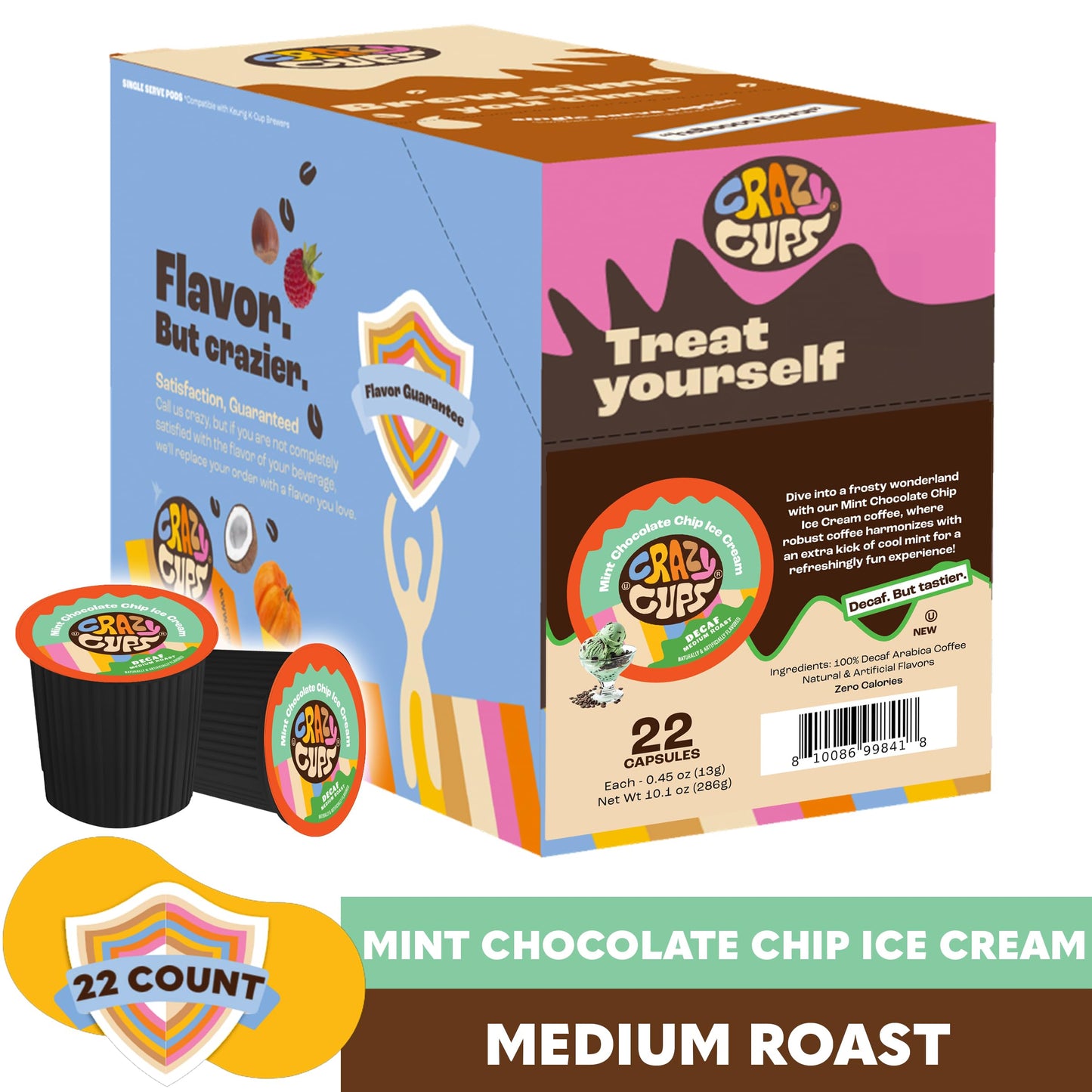 Crazy Cups Decaf Flavored Coffee Pods, Mint Chocolate Chip, 22 Count, Compatible with K Cup Keurig Machines, Brew Hot or Iced