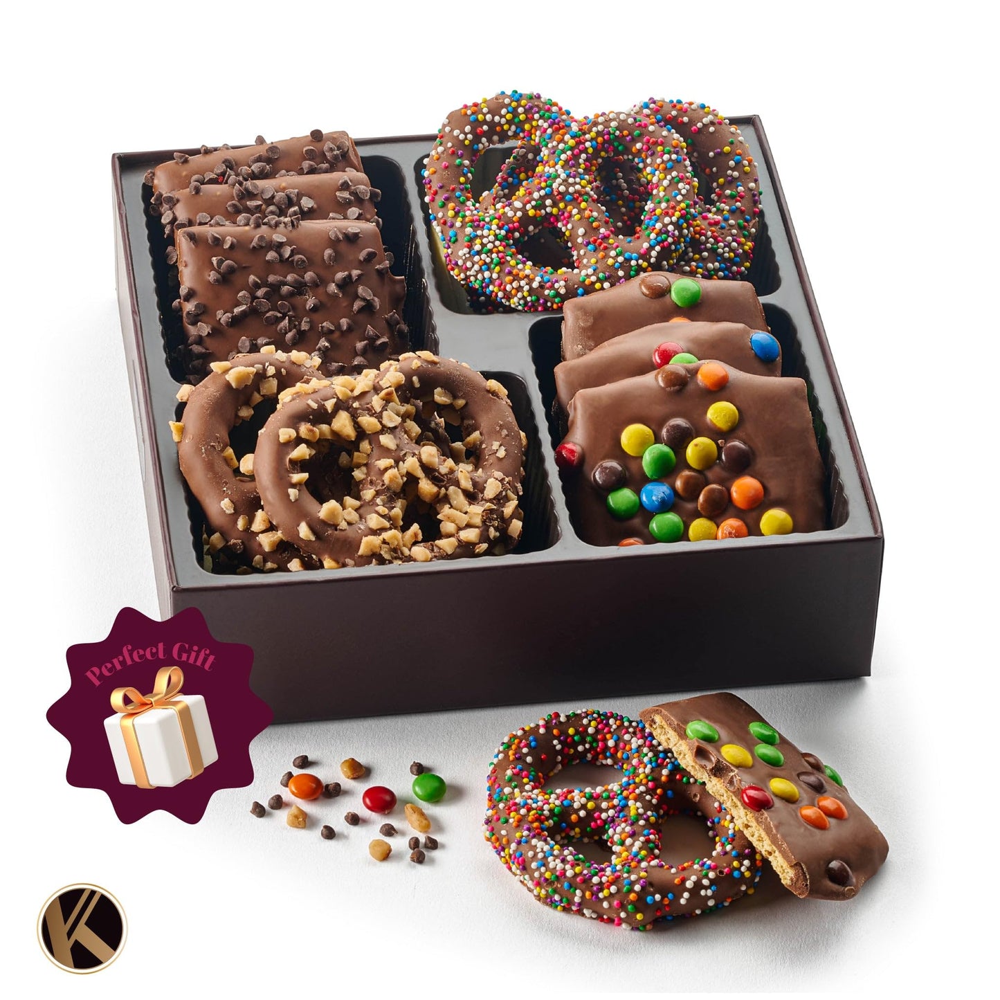 KREMERY Creamy Chocolate Cravings - Holiday Xmas Christmas Chocolate Covered Pretzel Twists & Grahams Cookies Gift Basket  in Brown Gift Box (12 Count  Assorted Sweet Toppings)