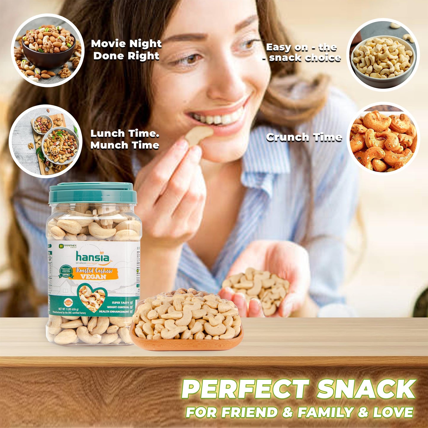 Hansia Roasted Cashew - Vegan, Dry Roasted, Unsalted Superfood Snack, 1 Pound
